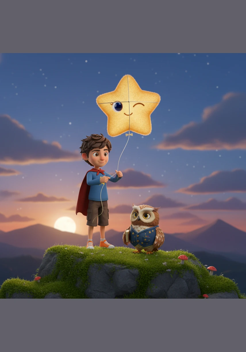 Al llegar a la cima, Mateo sacó su cometa más grande y resistente. Ató con delicadeza un hilo de seda a la estrella, esperando que el viento la elevara hacia el infinito.