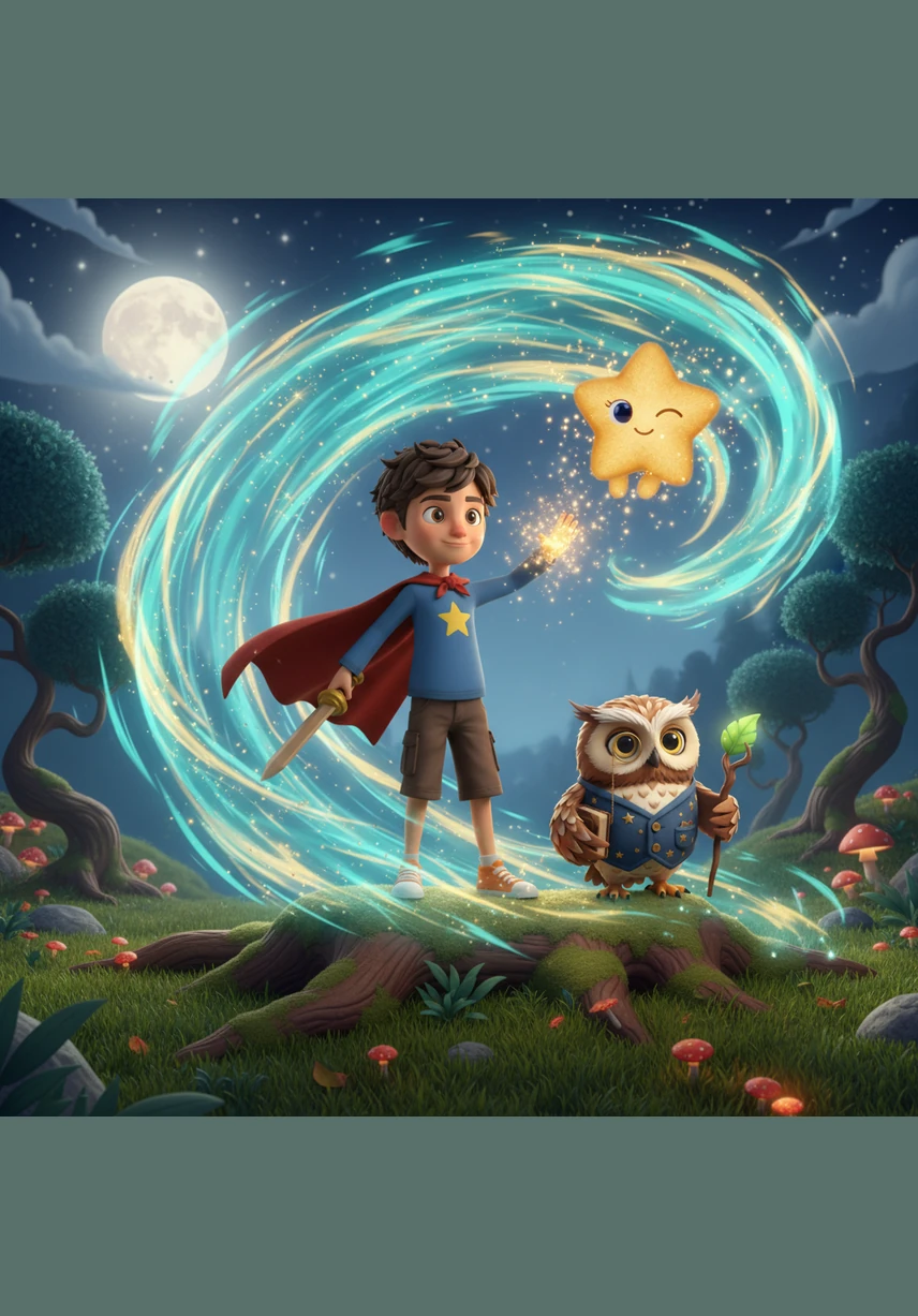 Una ráfaga de viento mágico sopló con fuerza y la cometa voló más alto que nunca. La pequeña estrella comenzó a brillar con una intensidad dorada, iluminando todo el valle.