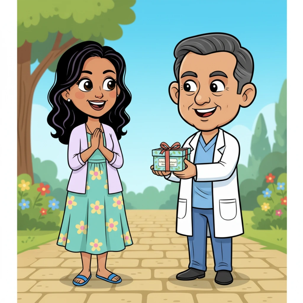 Dr. Sunil surprised Bhavana with a small, beautifully packaged herbal tea blend, explaining it was a special formulation for relaxation and inner calm. He called it her 'personal wellness treat,' his eyes twinkling playfully. This small, thoughtful gesture felt deeply personal, a delightful indulgence.