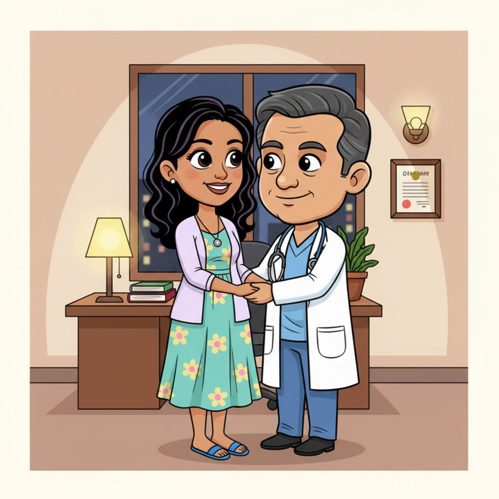 One evening, after the clinic had emptied, Bhavana found herself alone with Dr. Sunil. The hushed office was bathed in soft, indirect light, creating an intimate cocoon. Words faded, replaced by a silent understanding, and the world outside seemed to melt away as their connection deepened into a tender embrace.