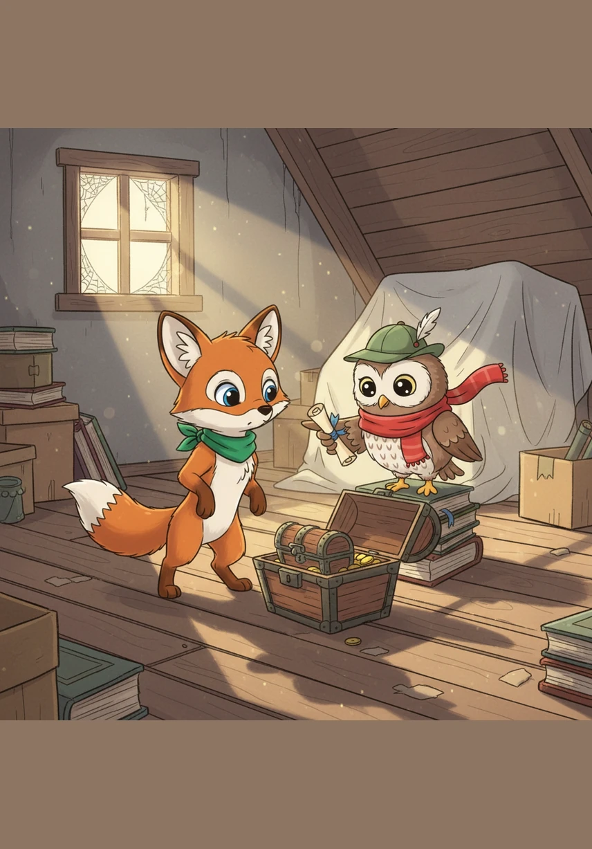 Oliver the fox climbed into his dusty attic and found an old, wooden chest tucked away in the corner. Inside, he discovered a shimmering map that glowed with a soft, golden light, showing a path deep into the woods.
