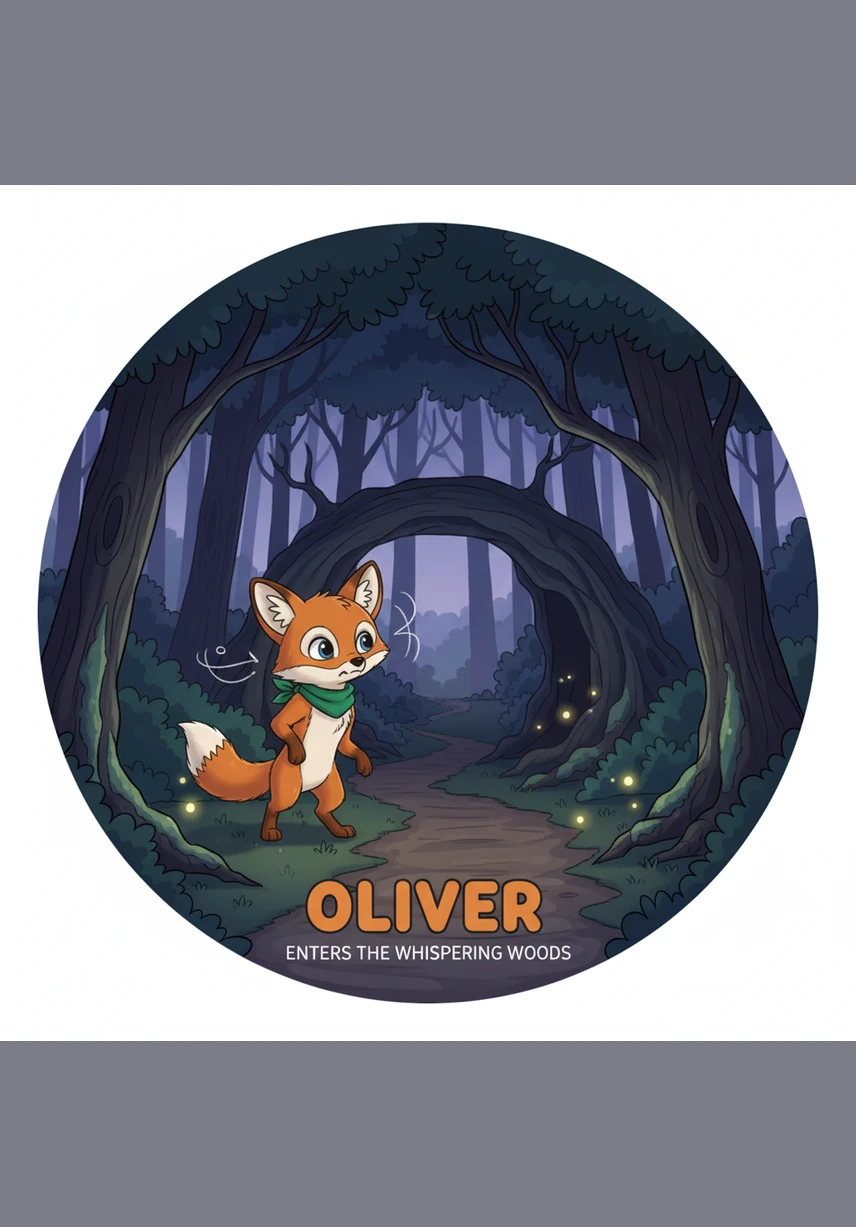 With his favorite blue scarf wrapped snugly around his neck, Oliver stepped into the Whispering Woods. The trees seemed to lean in and murmur secrets as the golden map pulsed gently in his paws, guiding his every step.