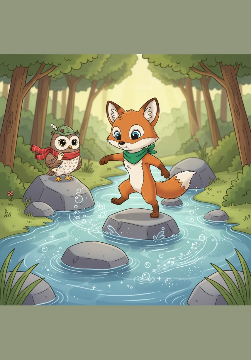 They reached the Singing Stream, where the water bubbled and played a melody like a thousand tiny bells. Oliver carefully hopped across the smooth, flat stones, following the rhythm of the music that echoed through the trees.