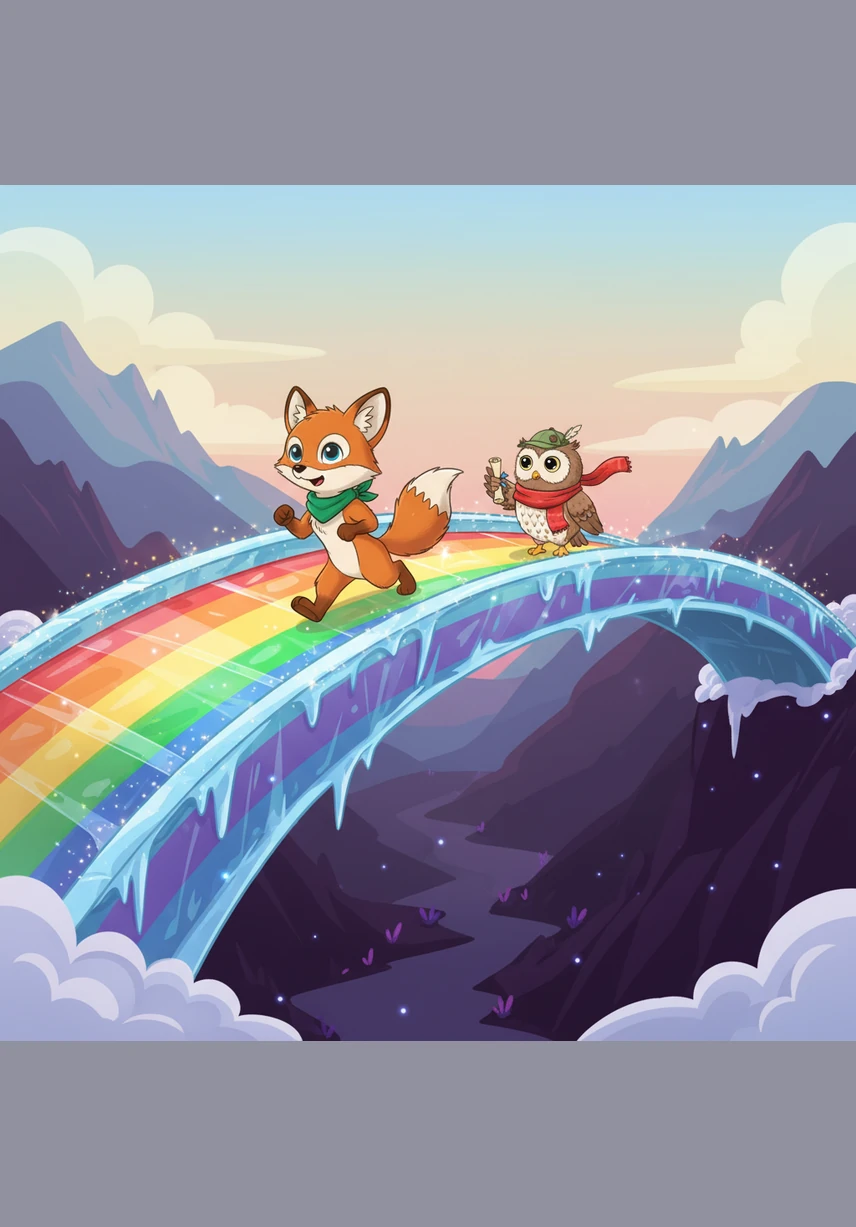 Suddenly, a magnificent bridge made of frozen rainbows appeared before them, arching over a deep, purple valley. Oliver took a deep breath and trotted across the colorful path, feeling the magic tingle in his fur.