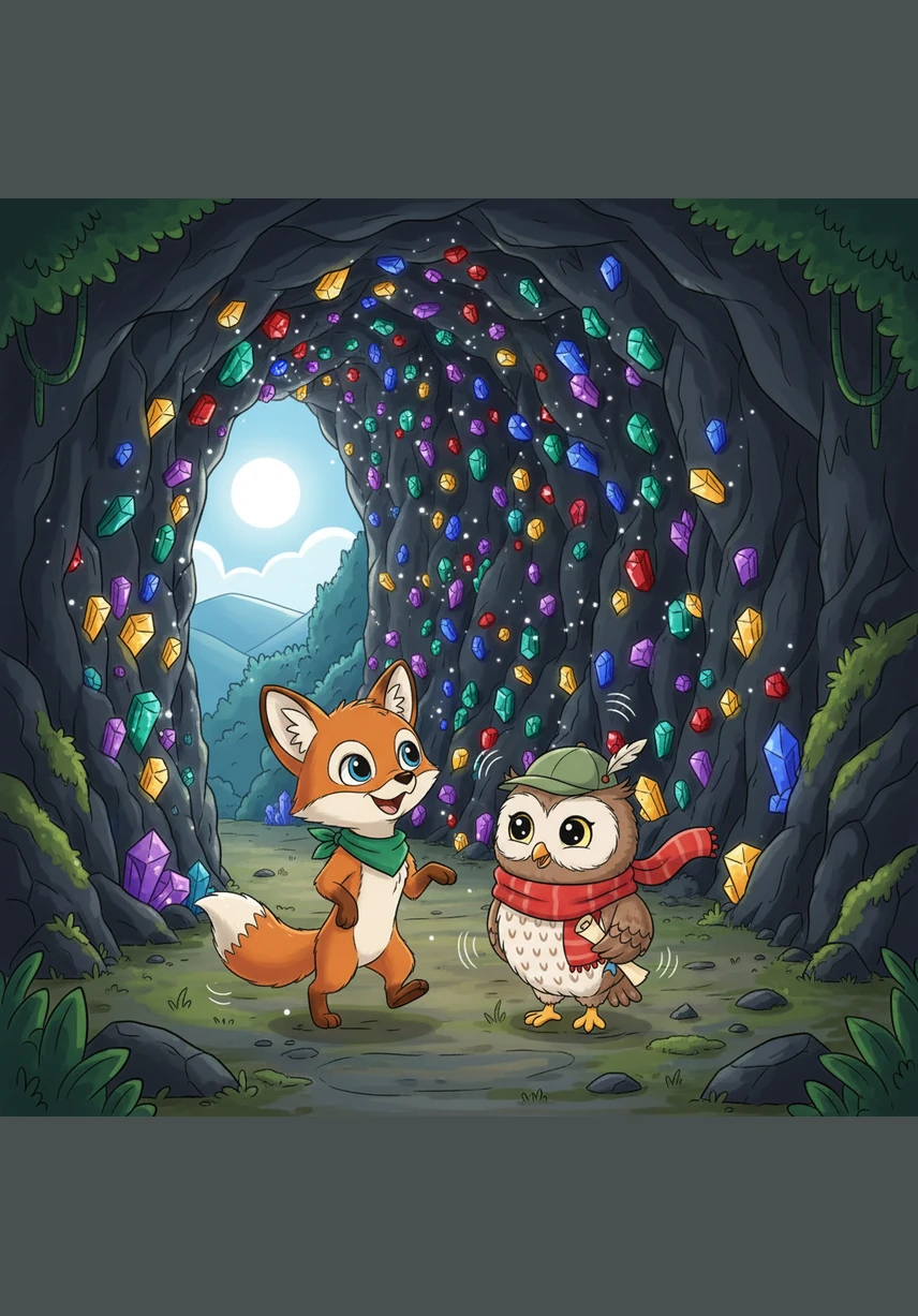 The map led them to the entrance of the Cave of Echoes, where every giggle and footstep turned into a chorus of happy sounds. The walls were covered in sparkling crystals that lit up the way like tiny, colorful stars.