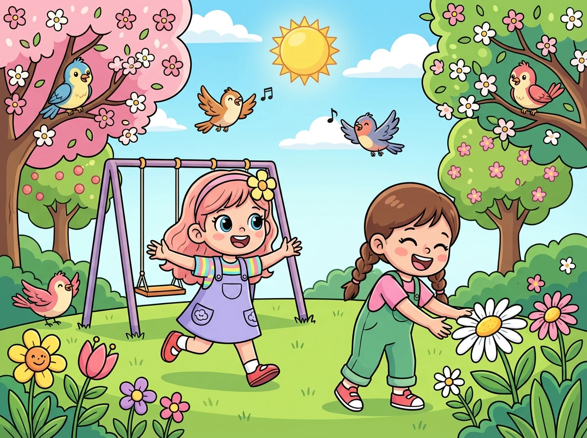 İlkbahar güneşi parkı ısıtıyordu. Oya ve Sıla, parkta oyun oynamak için sabırsızlanıyorlardı. Her yer çiçek açmış, kuşlar cıvıldıyordu.
