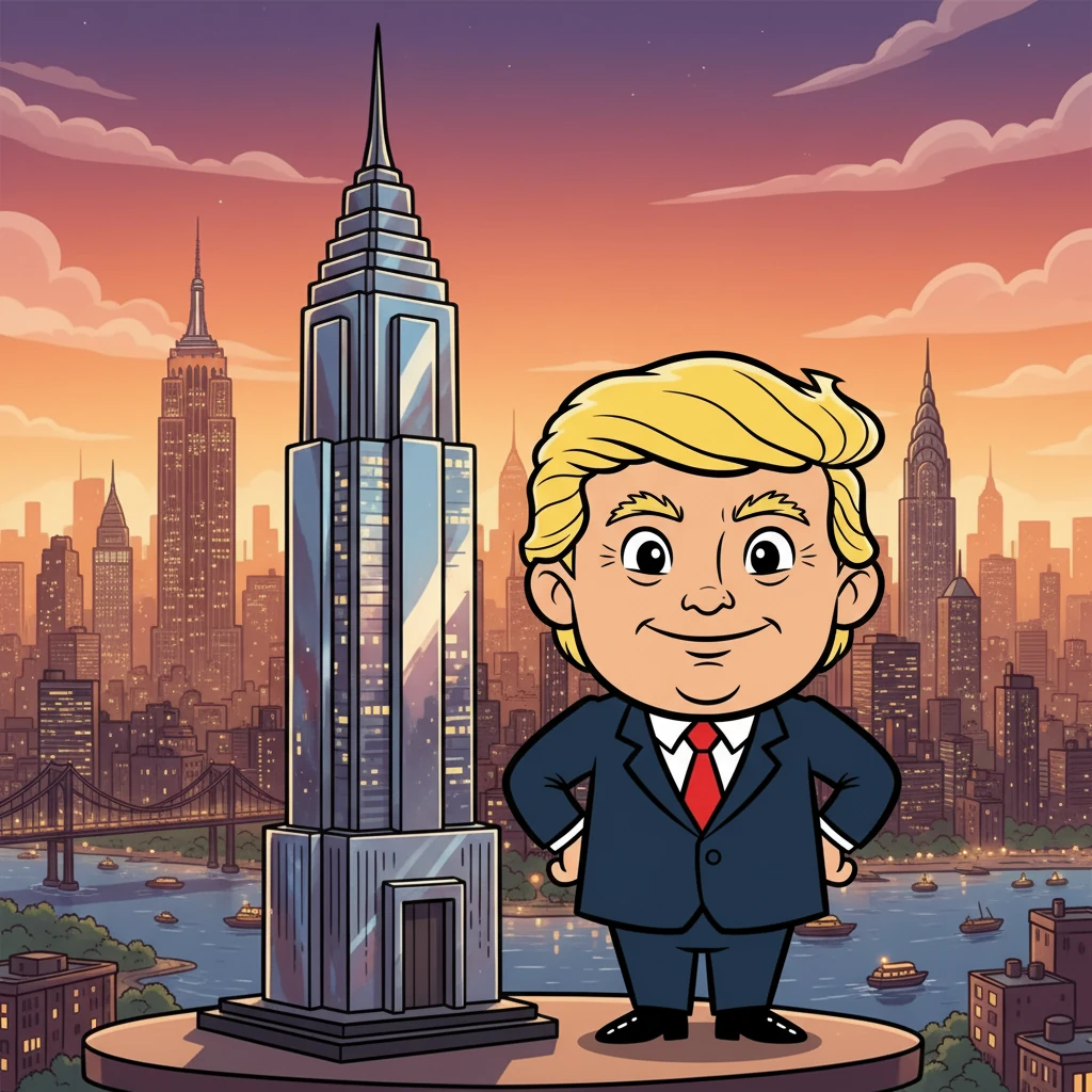 Vibrant young Donald in a small suit, stands proudly beside a huge, shiny skyscraper model. The bustling New York City skyline forms a magnificent backdrop, symbolizing dreams and aspirations.