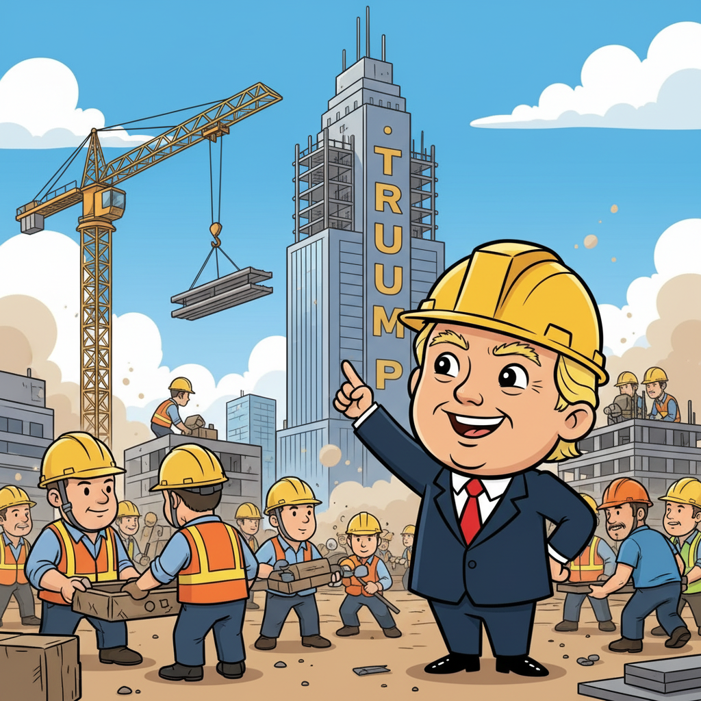 Energetic young Donald is on a bustling construction site, wearing a hard hat, pointing upwards at a luxurious, rising skyscraper labeled "Trump." Busy workers are bustling around him, focused on their tasks.