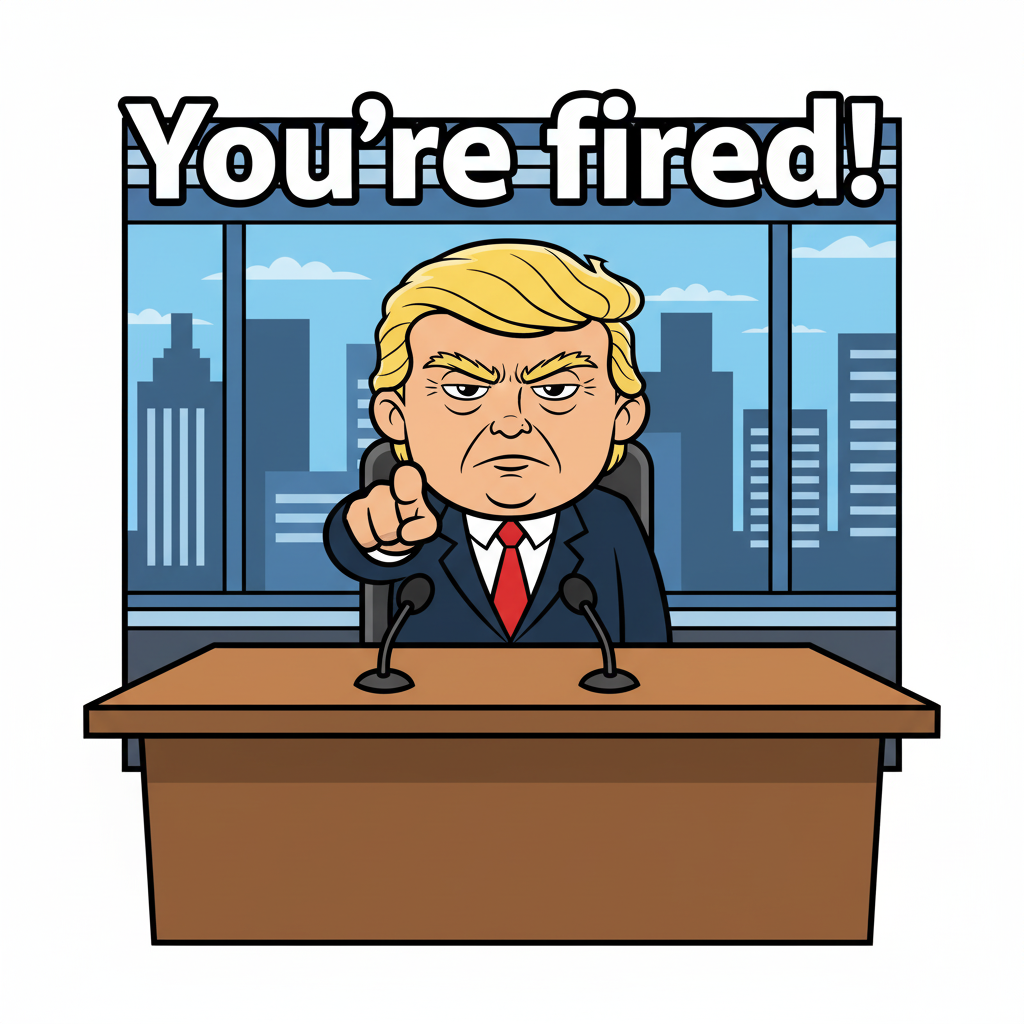 Trump is seated in a TV studio, behind a large table, sternly pointing at the camera with a serious expression. His signature red tie and golden hair are easily visible as text appears: "You're fired!"