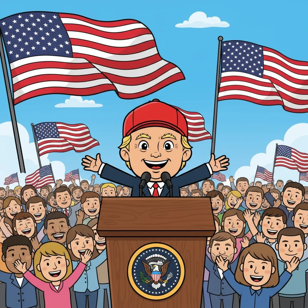 Donald stands at a massive campaign podium, surrounded by cheering supporters. He is wearing a red "MAGA" hat, and the American flag waves proudly in the background, signifying the nation's support.