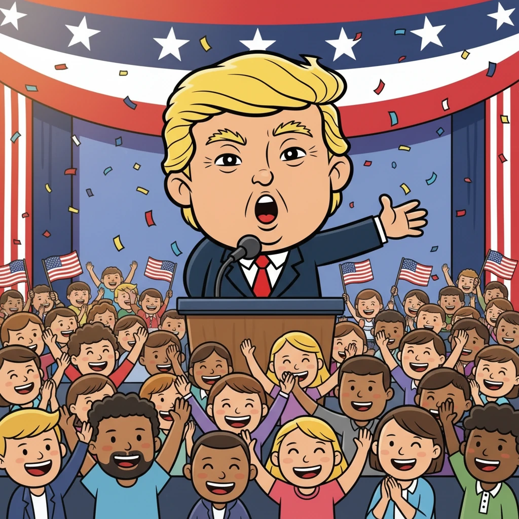 A dynamic campaign rally scene is displayed. Donald is giving an enthusiastic speech into a microphone, with a determined expression on his face, passionately captivating the crowd.