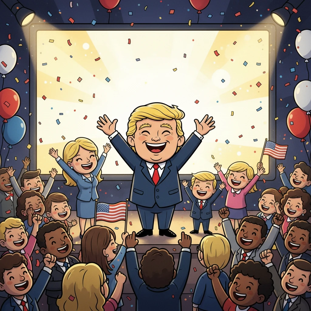 The election night celebration unfolds. Donald and his family jubilantly raise their arms in front of a large screen displaying "Winner" or "President-Elect," celebrating victory.