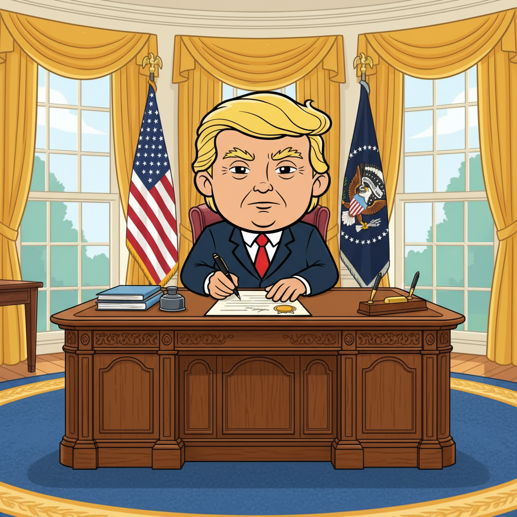 President Donald Trump is in the Oval Office. He sits at the Resolute Desk, signing a large, important document. He is dressed in a formal suit and with a focused expression.