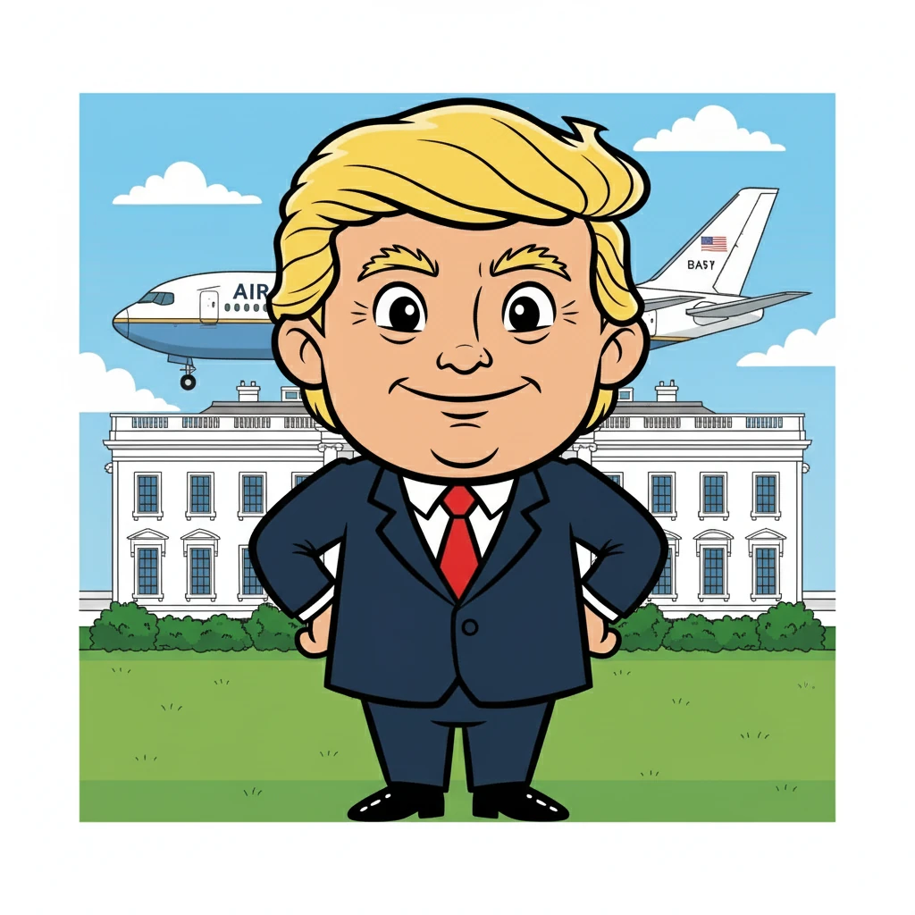 President Donald is giving a confident smile directly at the viewer. The background features the iconic White House or Air Force One, embodying his position.