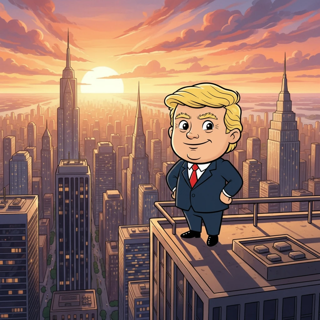 Young Donald, now a successful businessman, looks out over a vast cityscape, many skyscrapers that he has built are visible. The sun sets behind him, casting a warm glow.