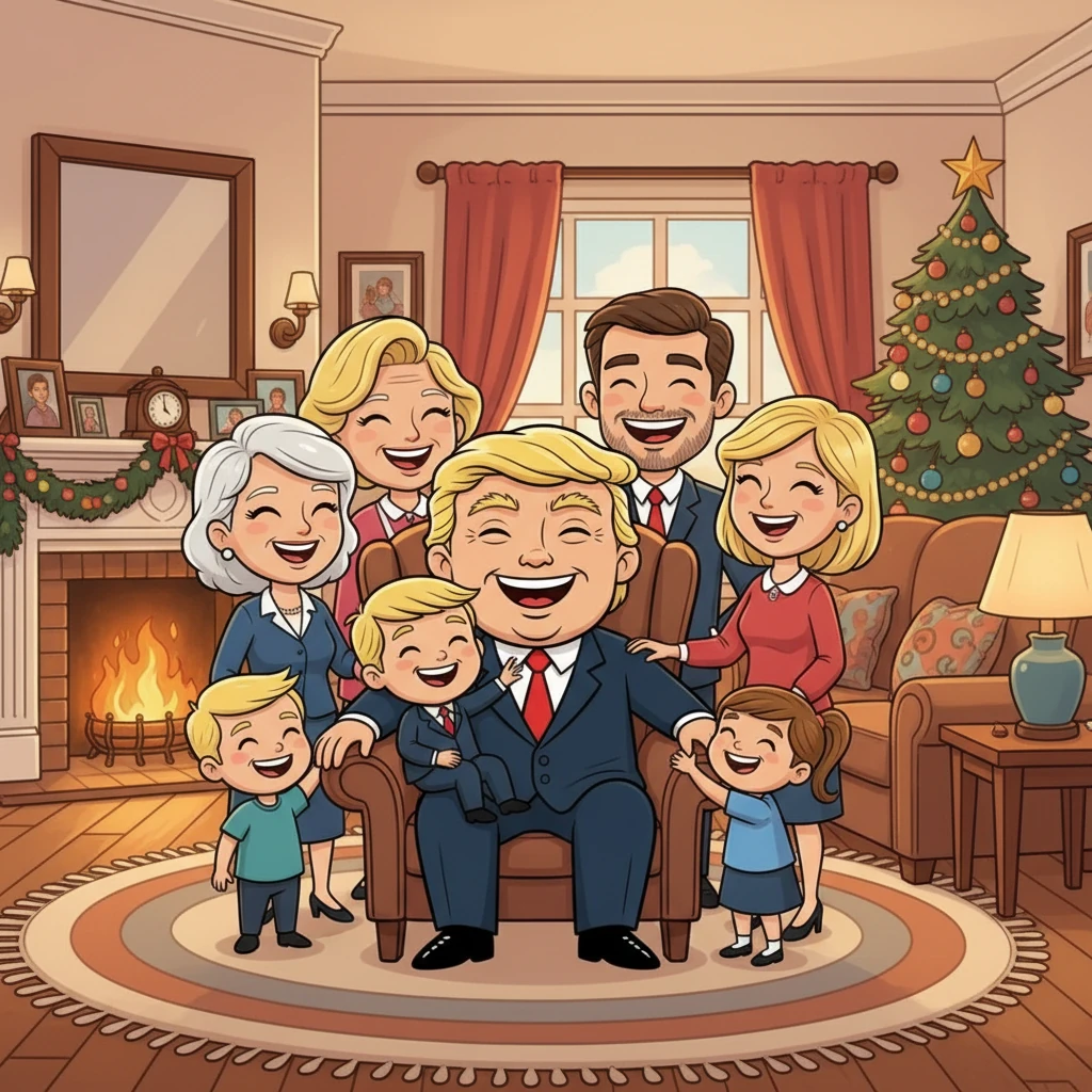 Donald, now older, is surrounded by his family, smiling and laughing in a warm, welcoming home. This scene highlights the importance of family and togetherness.