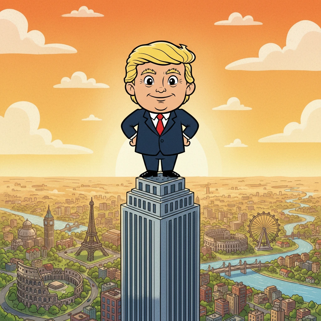 A final scene shows Donald looking out over the world, with a sense of pride and accomplishment. He’s standing atop a high building with a view. The world awaits!