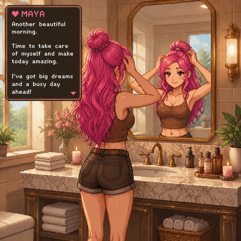 Maya stands before an elegant marble vanity, her vibrant strawberry pink hair catching the soft morning light filtering through the window. She wears