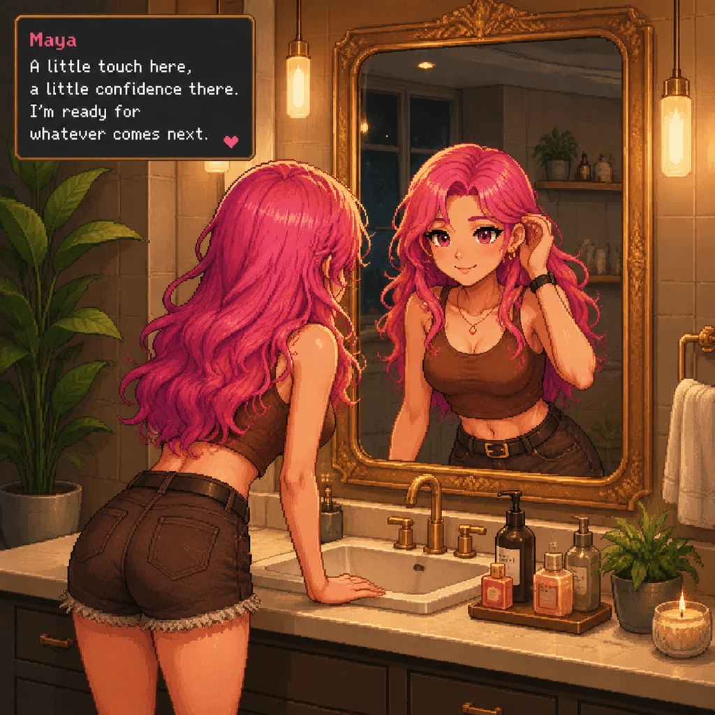 With a gentle smile, Maya leans toward the large, gold-framed mirror to adjust her hair, her reflection looking back with a sense of calm and poise. T