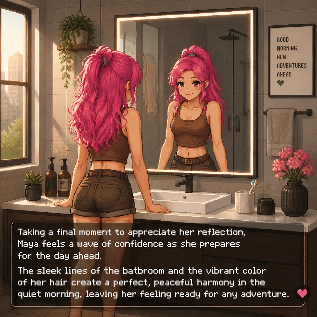 Taking a final moment to appreciate her reflection, Maya feels a wave of confidence as she prepares for the day ahead. The sleek lines of the bathroom