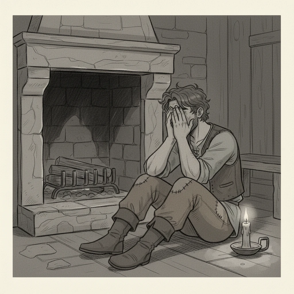 Leo sat slumped by his cold hearth, his strong, young hands clasped over his face in despair. Though his muscles rippled with health and his eyes were sharp, he muttered endlessly about his empty pockets and the unfairness of his meager life. A single, flickering candle cast long shadows across his worried brow, highlighting the youthful vigor he so casually overlooked.