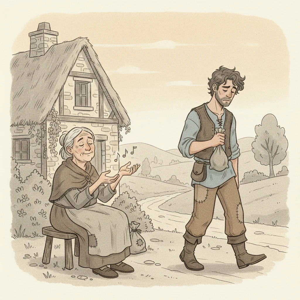 Just outside his small cottage, an elderly woman sat by the road, her eyes clouded with age and her frail hands outstretched. She spoke not of sorrow, but hummed a quiet, contented tune as she felt the warmth of the sun on her face. Leo, passing by, barely noticed her serene presence, too consumed by his own perceived lack.