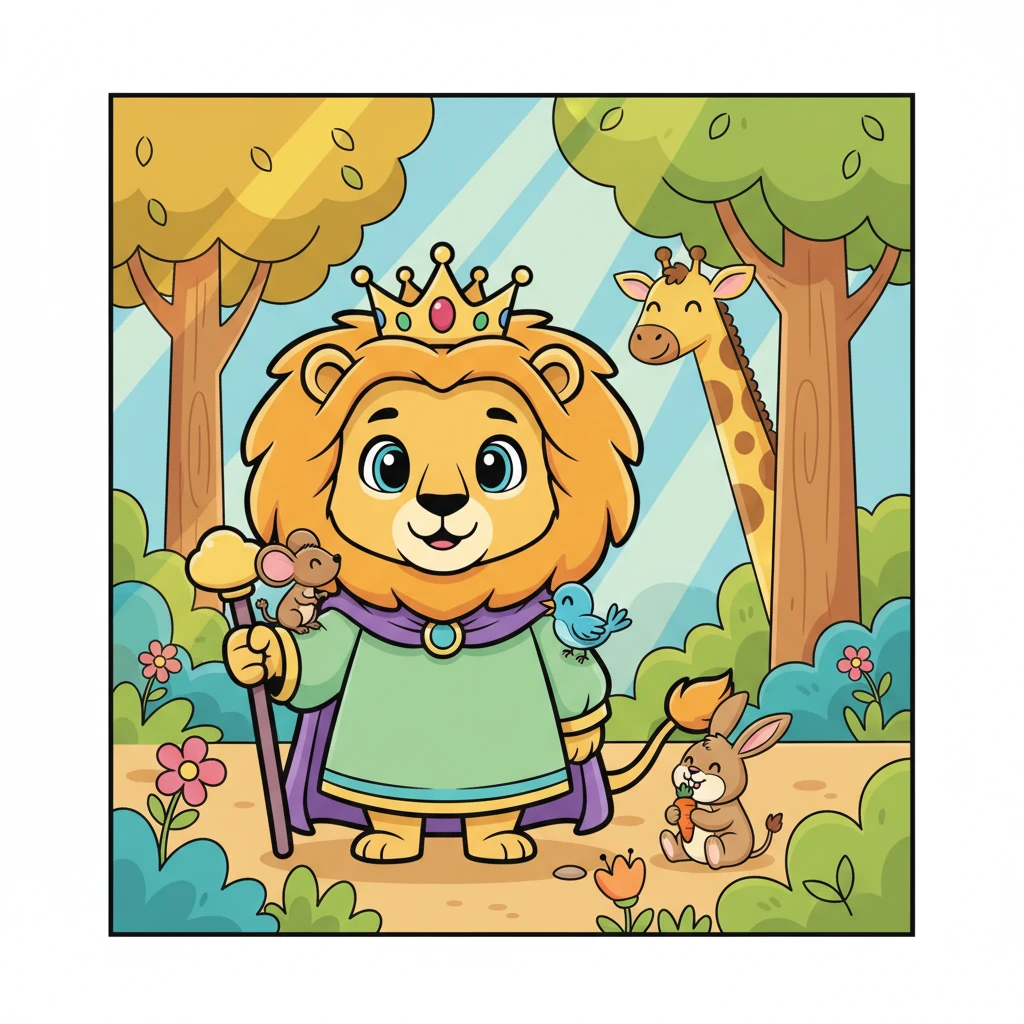 King Leon, the magnificent lion, reigned over the Whispering Woods. His golden mane shimmered like the sun, and his roar, though mighty, was always followed by a gentle smile. Every animal, from the tiniest mouse to the tallest giraffe, felt safe and happy under his wise rule.