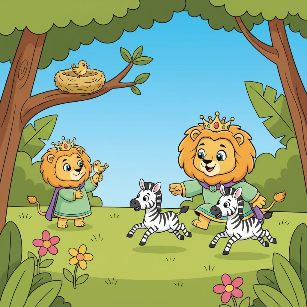 King Leon wasn't just strong; he was also incredibly kind. He helped lost baby birds find their nests and taught young zebras how to gallop gracefully. His heart was as big as his paws, and he always made time for every jungle creature.
