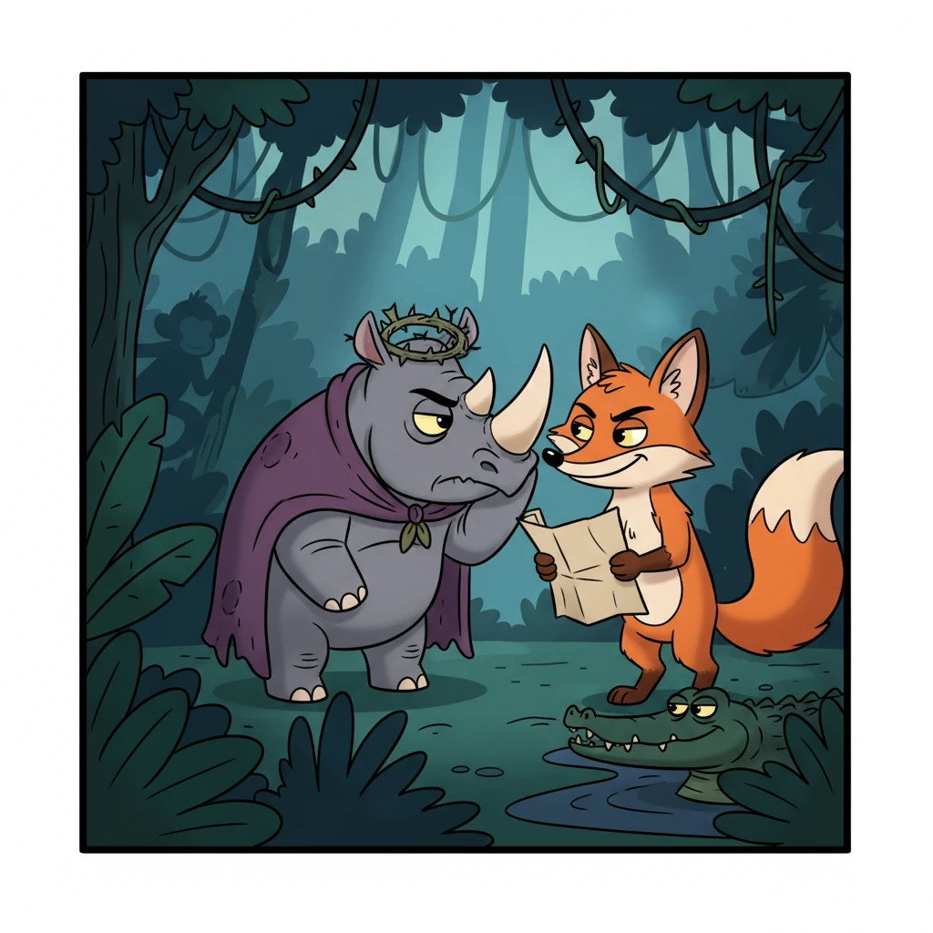 But not everyone was content. Deep in a shadowy part of the jungle, a mischievous gang of animals, led by the grumpy Rhino Rumpus and the sneaky Fox Sly, whispered plans. They believed they could rule the jungle better than King Leon. Their eyes gleamed with a mix of ambition and a little bit of silliness.