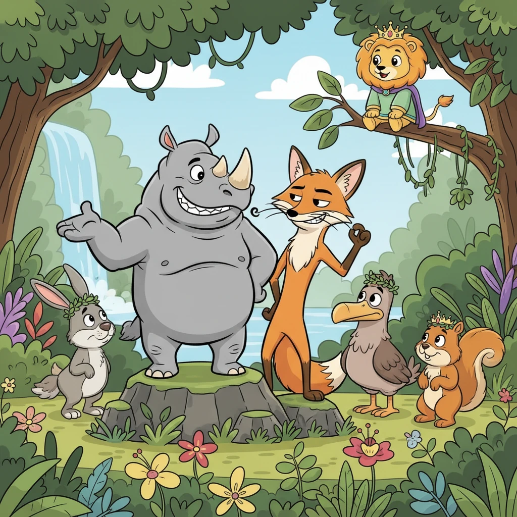Rhino Rumpus puffed out his chest, declaring, "This jungle needs a change! I'm stronger!" Fox Sly twirled his whiskers, adding, "And I'm much cleverer!" They convinced a few other gullible animals to join their rebellious group, dreaming of their own crowns.