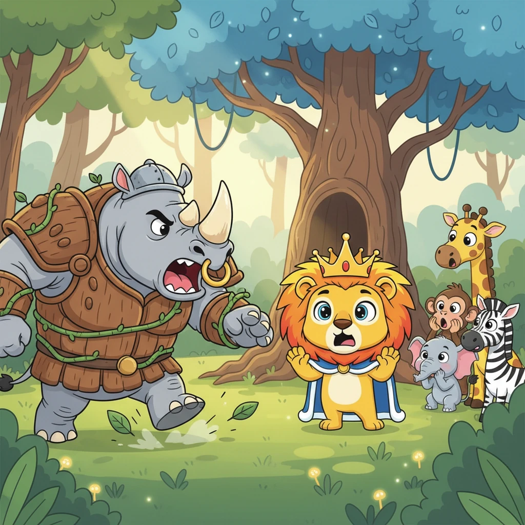 The challengers marched to King Leon's clearing, their footsteps echoing loudly. Rhino Rumpus bellowed, "King Leon! We challenge you for the crown! Let's see who truly deserves to rule the Whispering Woods!" All the other jungle animals gasped.