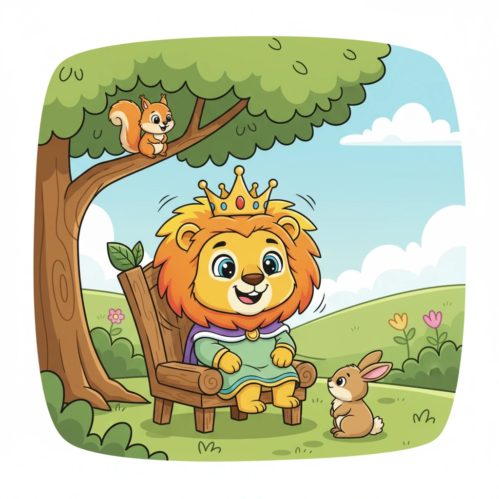 King Leon listened patiently, his wise eyes twinkling. He let out a soft chuckle, his mane gently swaying. "A challenge, you say?" he rumbled, "Very well. But true kingship isn't about who is loudest or strongest, but who cares the most. Let's have a contest of kindness and cleverness!"