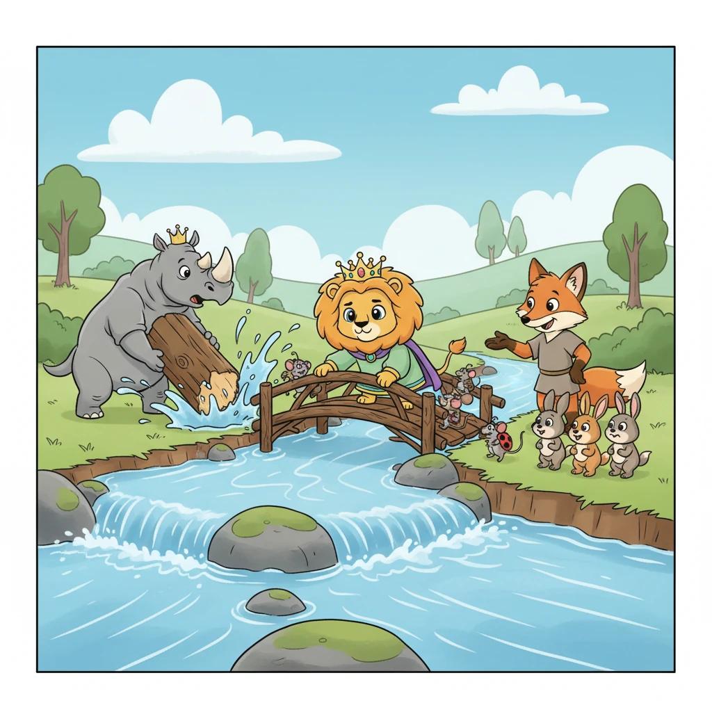 The first challenge was to build the best bridge over a gurgling stream to help a family of small critters cross. Rhino Rumpus tried to push a huge log, but it only splashed, while Fox Sly tried to trick the critters into jumping. King Leon, however, carefully arranged sturdy branches, creating a perfect, safe path.
