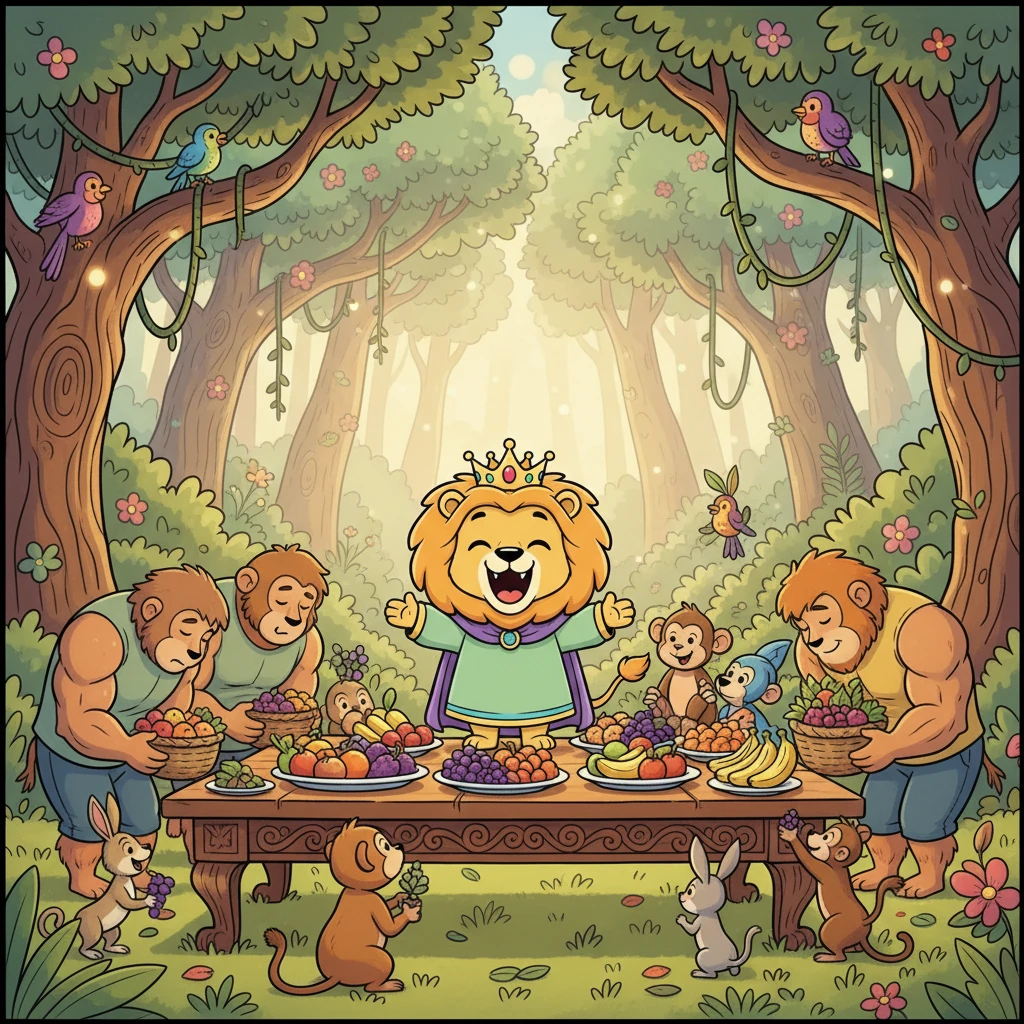 With a grand roar of friendship, King Leon invited everyone to a feast of jungle fruits and berries. The challengers apologized, promising to use their strengths for good. The Whispering Woods was once again a harmonious place, ruled not just by a king, but by a heart full of compassion and a spirit of unity.