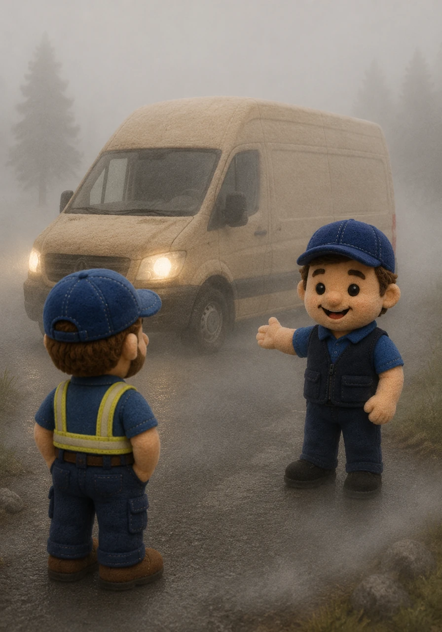 My van is tan. The van is big. The van is in the fog.