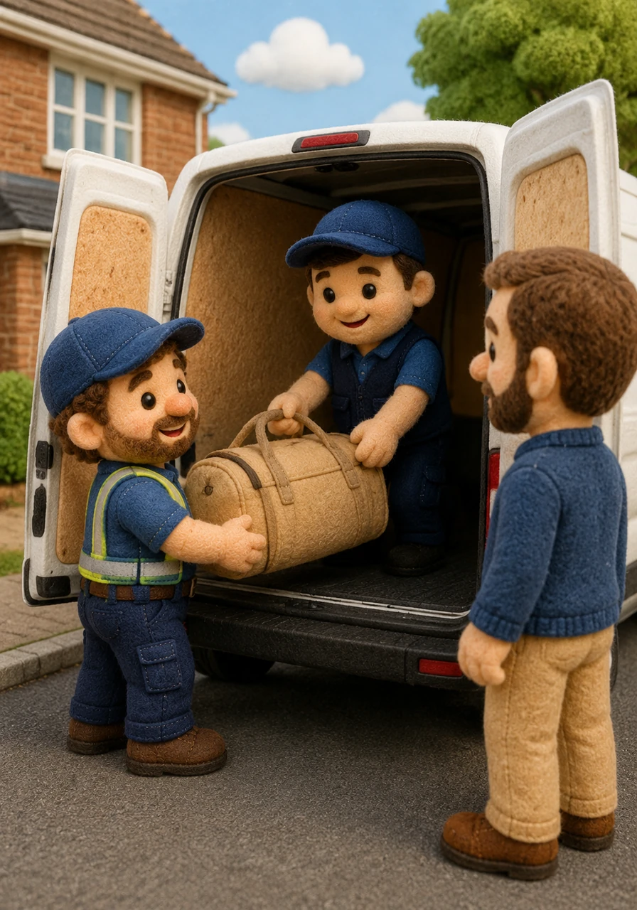 I fit a bag in the van. The bag is tan. I fit the bag in.
