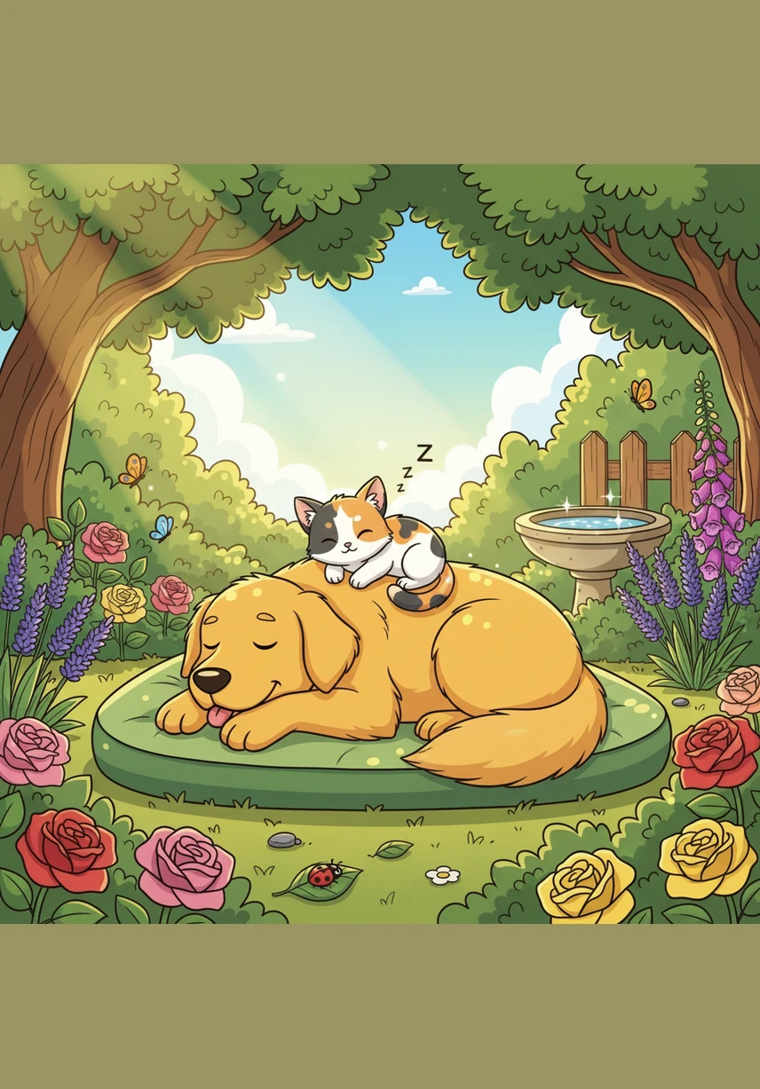 Barnaby, a gentle Golden Retriever, and Pip, a tiny calico cat, sit together in a garden filled with blooming daisies. They watch butterflies dance in the warm morning light, their tails swaying in perfect harmony as they enjoy the start of a new day.