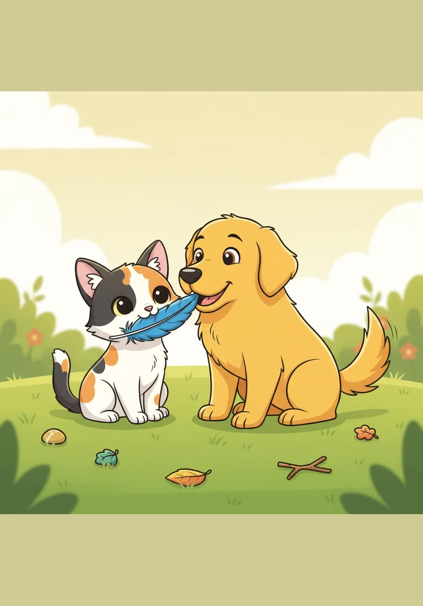When Pip finds a special blue feather in the grass, she proudly brings it to Barnaby, who nudges it back with a soft whimper of delight. They share every treasure they find, proving that even the smallest gifts are better when shared with a best friend.