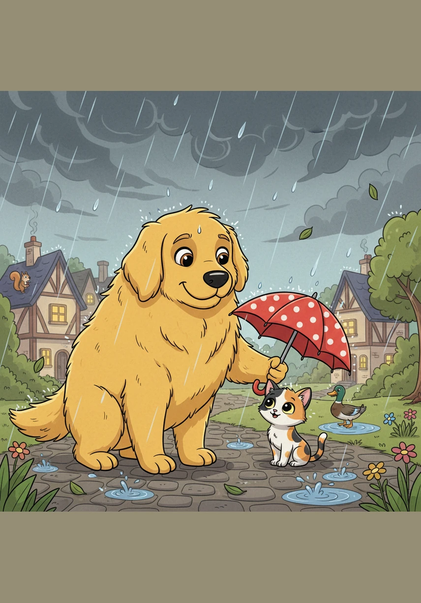 A sudden rain shower turns the sky gray, but Pip doesn't mind the wet grass because she is tucked safely under Barnaby’s large, fluffy ear. Barnaby stays perfectly still, acting as a living umbrella to keep his little friend dry and warm until the clouds pass.