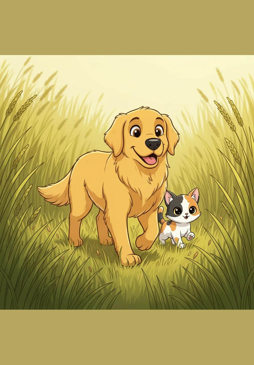 Deep in the tall meadow grass, the two friends embark on a grand adventure to find the perfect spot for a mid-day rest. Barnaby walks slowly and carefully, making sure Pip’s small paws can keep up with his long, steady strides.