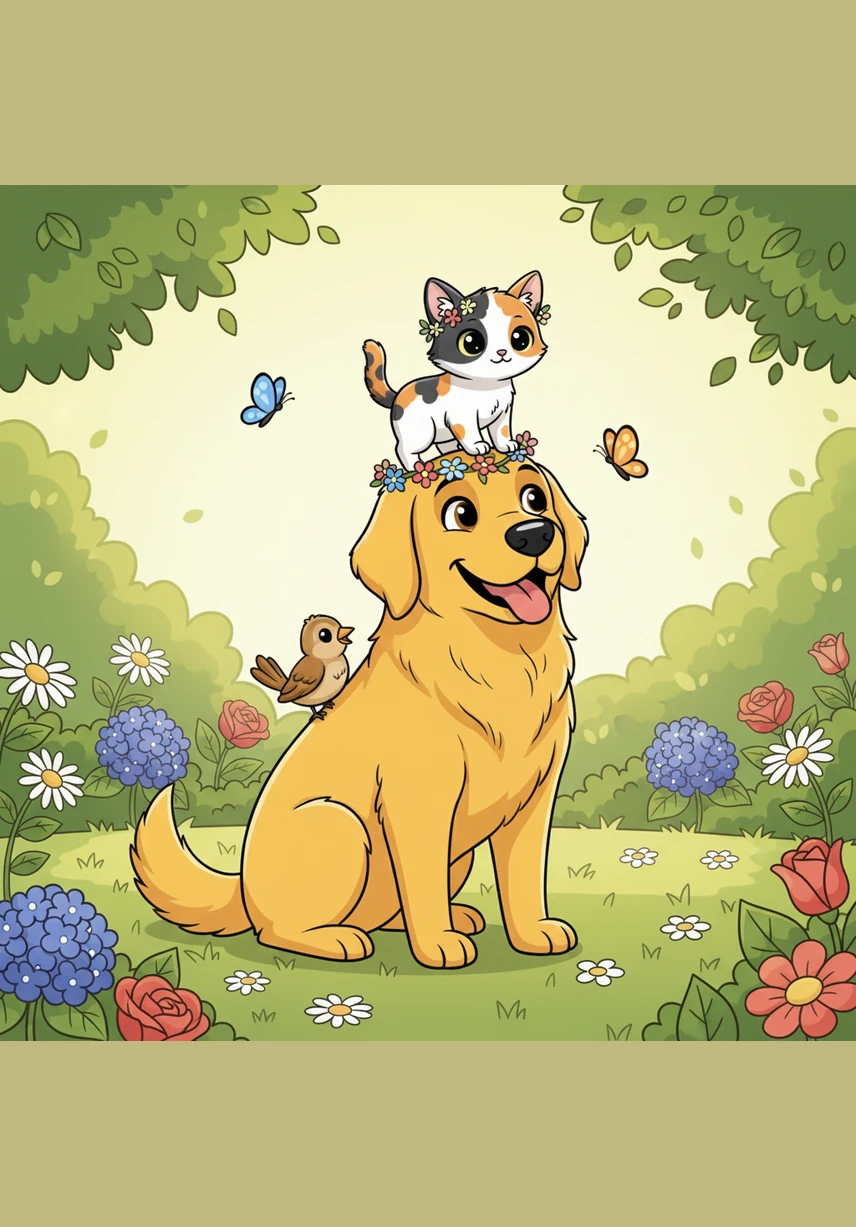 Pip accidentally climbs too high on a wooden garden fence and feels a little wobbly in the wind. Barnaby stands firmly below, offering his broad, soft back as a landing pad until Pip feels brave enough to hop down safely.