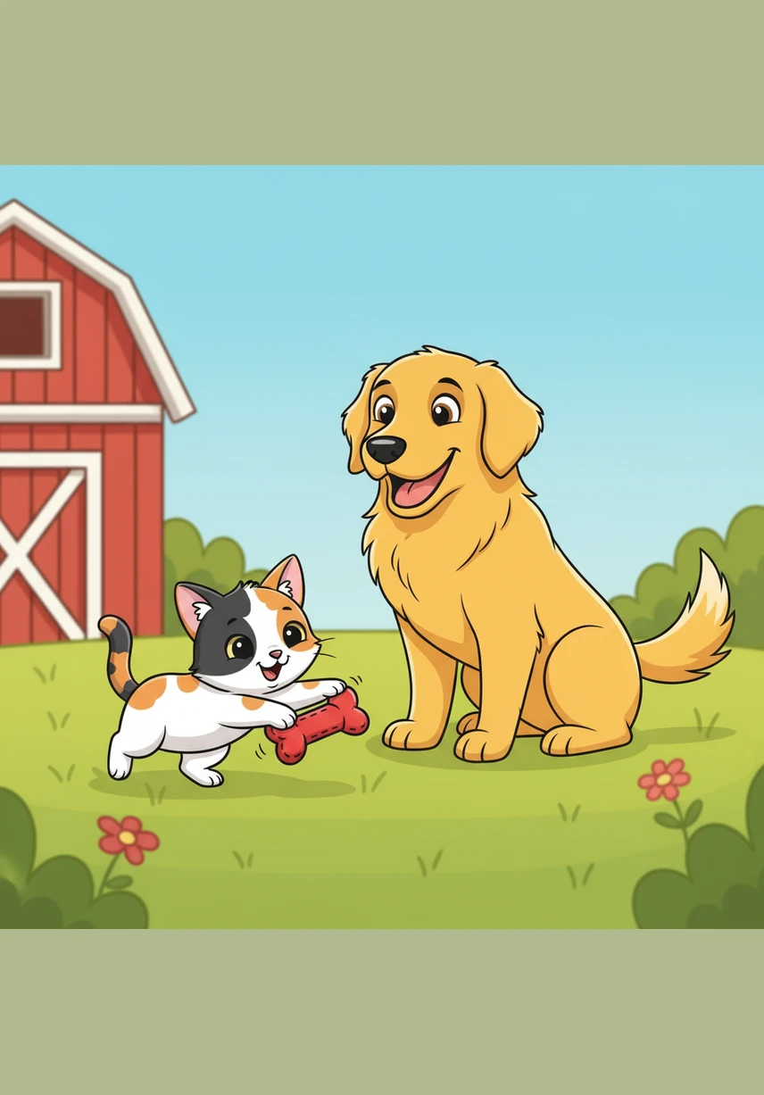 Barnaby finds his favorite squeaky toy but decides it’s much more fun to let Pip bat it around with her quick paws. He watches with a happy grin, wagging his tail gently as Pip pounces and tumbles in the grass with joy.