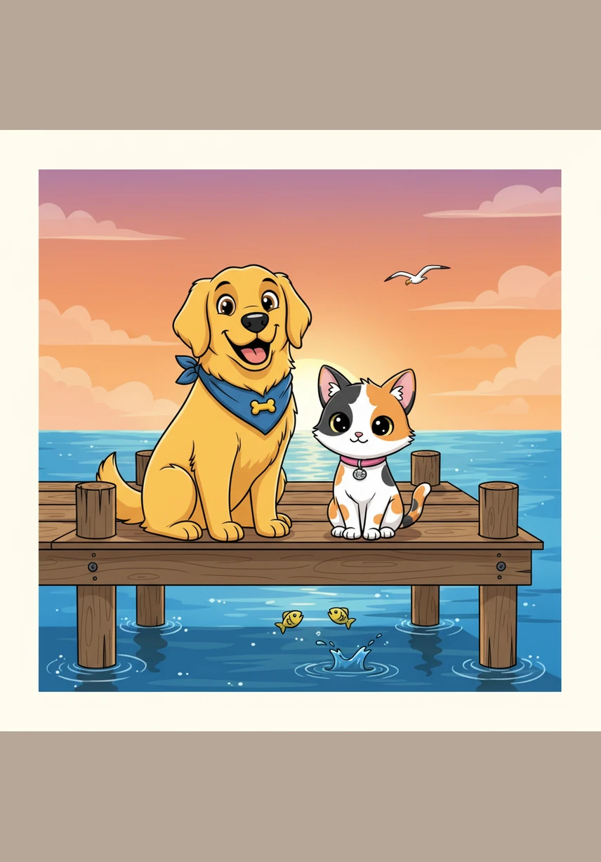 They sit side-by-side on the wooden porch, watching the sky turn shades of pink and orange as the sun begins to set. No words are needed between them; the quiet companionship of the evening is enough to fill their hearts with happiness.