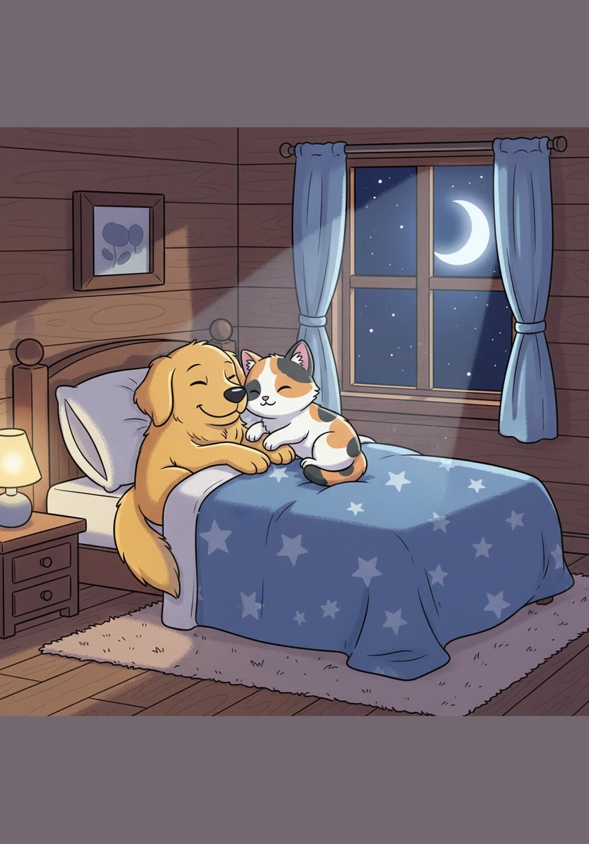 Under the soft glow of a silver moon, Barnaby and Pip nestle into their shared bed inside the cozy house. They fall asleep nose-to-nose, knowing that tomorrow will be another wonderful day spent in each other's company.
