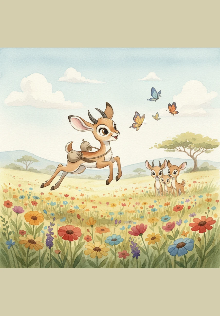 Giddy was a little gazelle with big ears and even bigger dreams, living in a sun-drenched meadow. She spent her days leaping over vibrant wildflowers and chasing colorful butterflies while her friends watched from afar. She was known as the silliest gazelle in the herd, always looking for a bit of wonder in the grass.