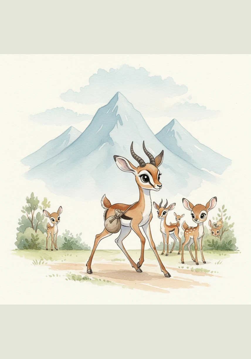 With a determined nod, Giddy packed a small bundle and set off on a grand adventure. She trotted away from her familiar home, heading toward the distant blue mountains that touched the horizon. Her friends watched her go, wondering why a little gazelle would go on such a long and lonely journey.