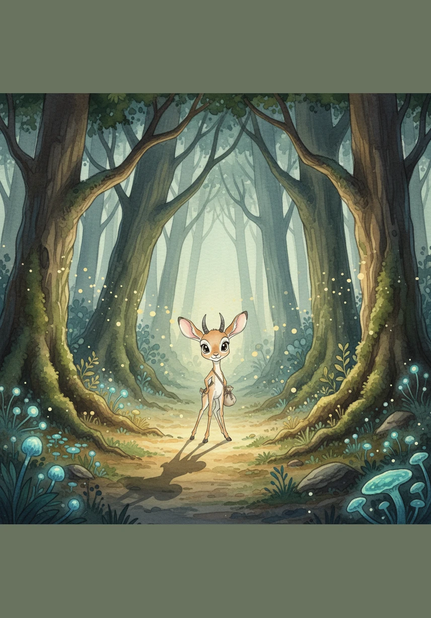 Giddy traveled through a dense, enchanted forest where the trees grew tall and the air was filled with mystery. Strange, glowing plants illuminated her way through the dark woods, casting long shadows on the mossy forest floor. She felt very small among the giant trees, but her spirit remained brave and curious.
