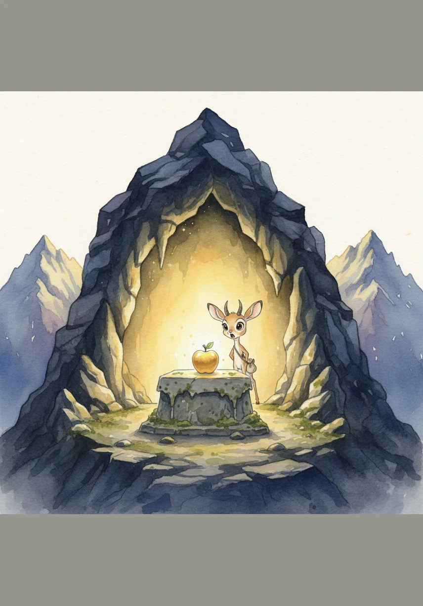 At the very top of the mountain, she found a dark cavern that glowed with a soft, inviting light. Inside, resting upon an ancient stone altar, sat the shimmering Golden Apple, glowing like a tiny, captured sun. Giddy gasped in awe as the golden light reflected in her wide, amazed eyes.