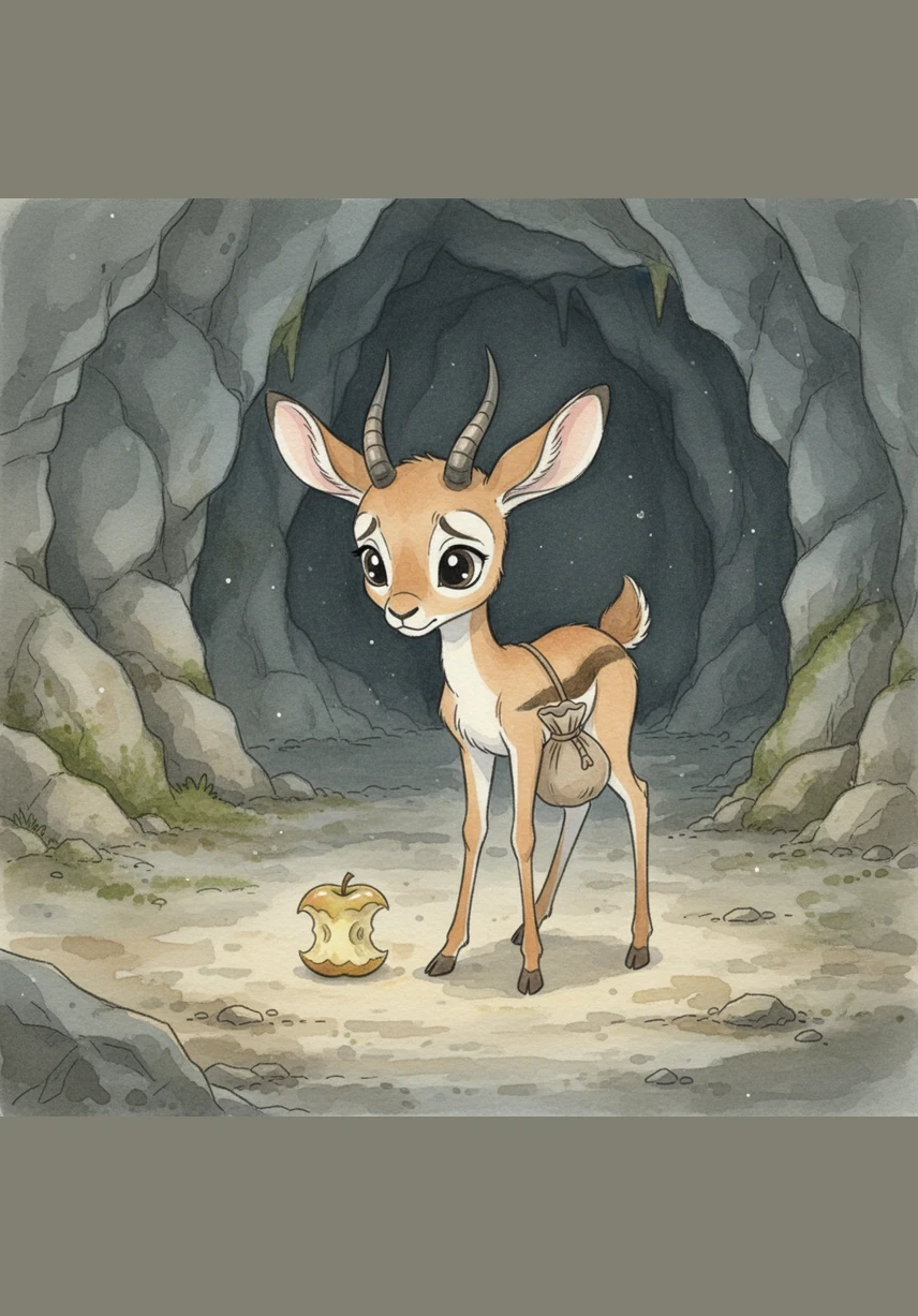 When she opened her eyes, nothing had changed; she was still the same silly little gazelle she had always been. She looked down at her hooves and her plain fur, realizing that no magic had entered her body at all. The cave felt cold and empty, and the Golden Apple was now just a half-eaten snack.