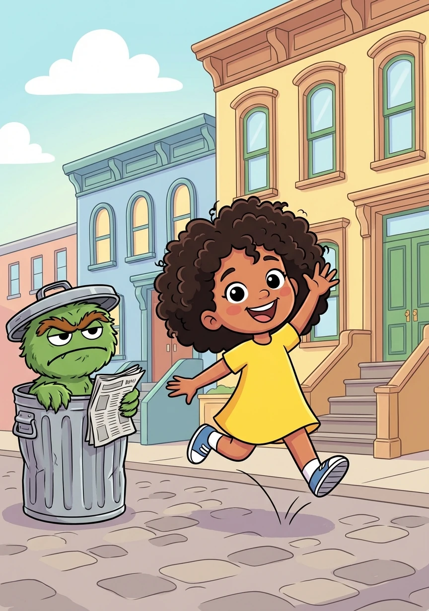 Lourdes skips down Sesame Street, her bright yellow dress a splash of sunshine against the familiar brownstones. Her curly hair bounces as she waves to Oscar, even though he grumbles back.